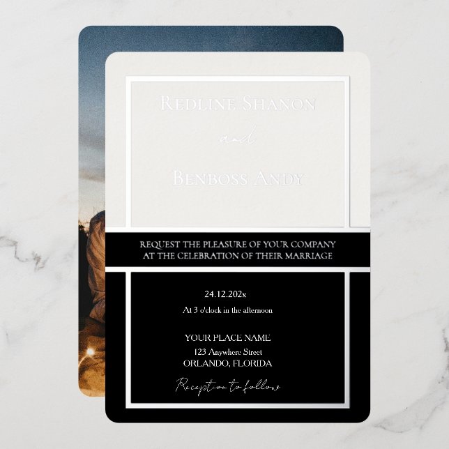 Elegant Framed Ivory & Black Design Silver Foil Invitation (Front/Back)