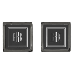 Elegant Framed Monogram, Square Gunmetal Cufflinks