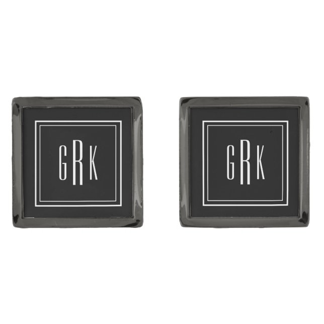 Elegant Framed Monogram, Square Gunmetal Cufflinks (Front)
