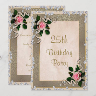Elegant Framed Pink Roses 25th Birthday Invitation
