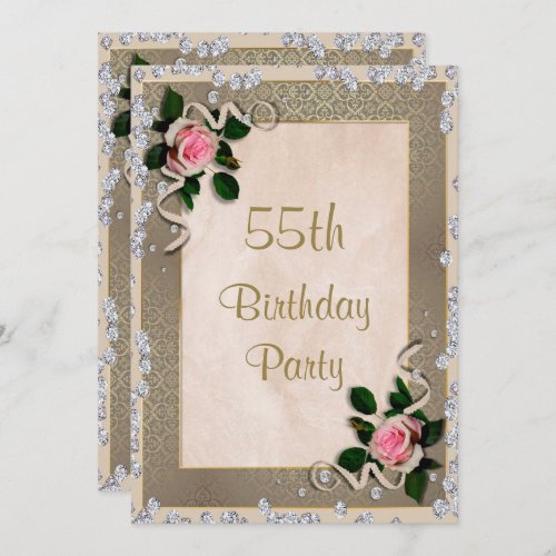 Elegant Framed Pink Roses 55th Birthday Invitation