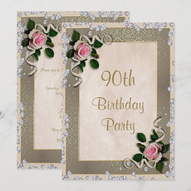 Elegant Framed Pink Roses 90th Birthday Invitation (Front/Back)