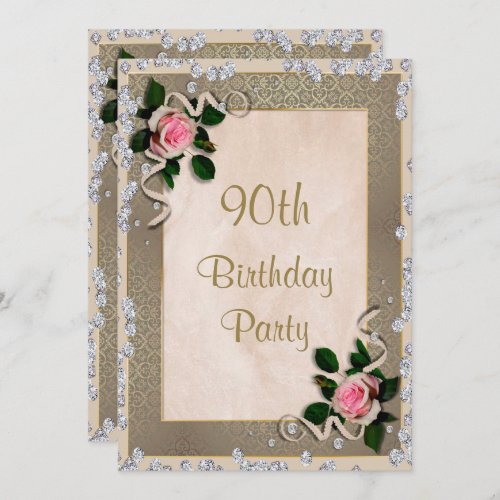 Elegant Framed Pink Roses 90th Birthday Invitation