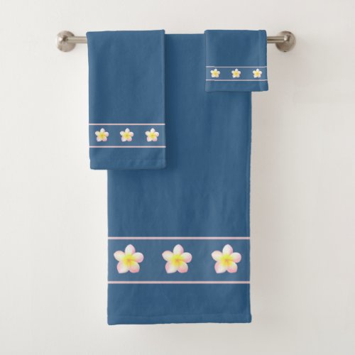 Elegant Frangipani Plumeria Flowers on Award Blue Bath Towel Set