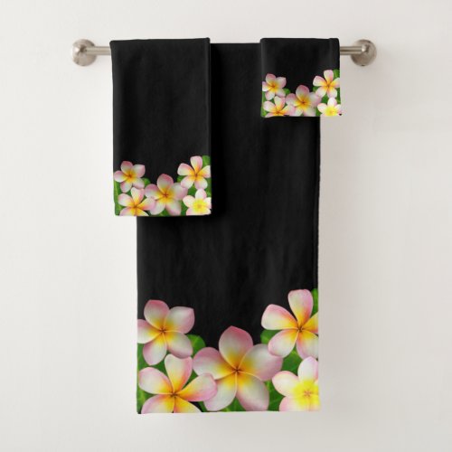Elegant Frangipani Plumeria Flowers on Black Bath Towel Set