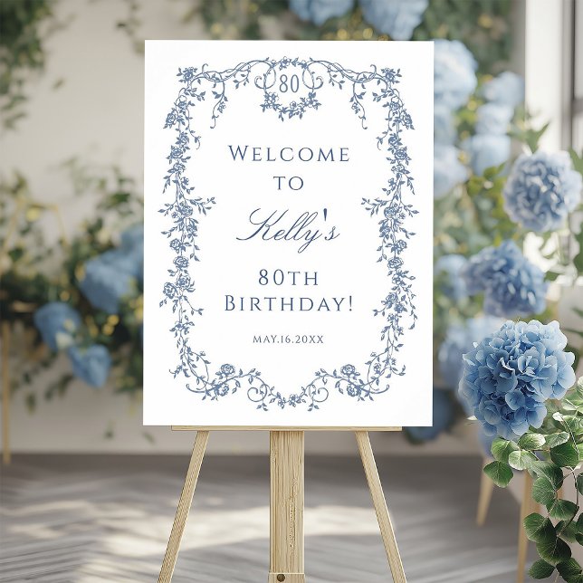 Elegant French Blue 80th Birthday Party Welcome Foam Board (Creator Uploaded)