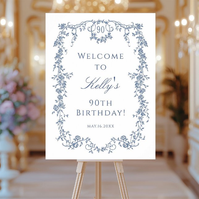 Elegant French Blue 90th Birthday Party Welcome Foam Board (Creator Uploaded)