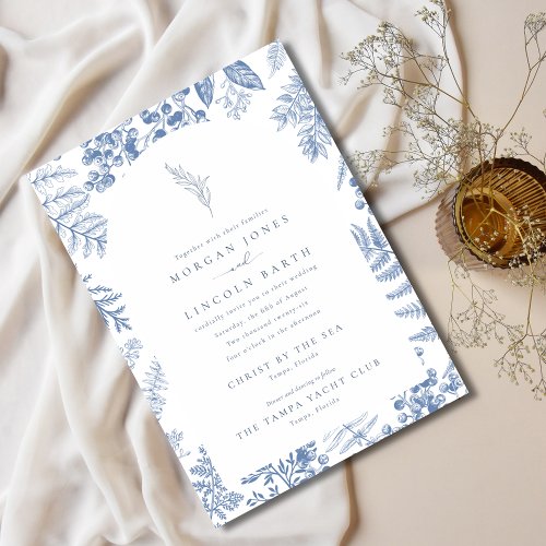Elegant French Blue Bloom Floral Wedding Invitation