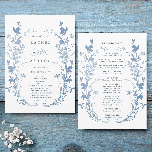  Elegant French Blue Botanical Wedding Ceremony Program (Front & Back)