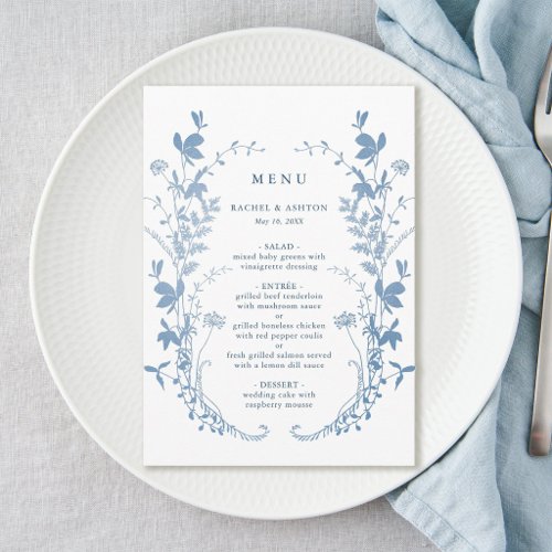 Elegant French Blue Botanical Wedding Menu