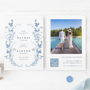 Elegant French Blue Botanical Wedding Photo Save The Date