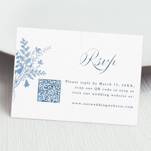 Elegant French Blue Botanical Wedding QR Code RSVP Enclosure Card (Creator Uploaded)