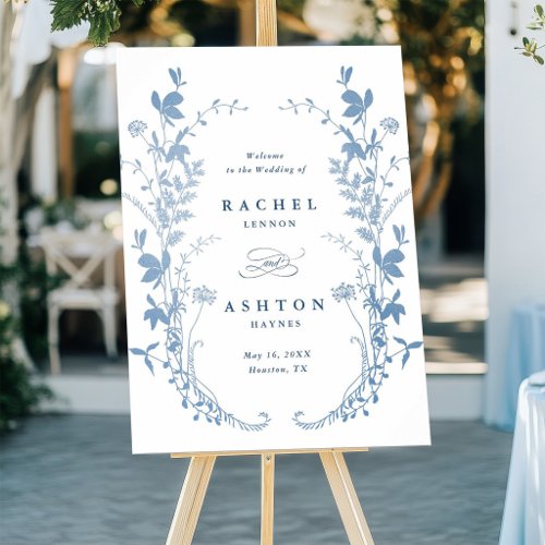 Elegant French Blue Botanical Wedding Welcome Foam Board