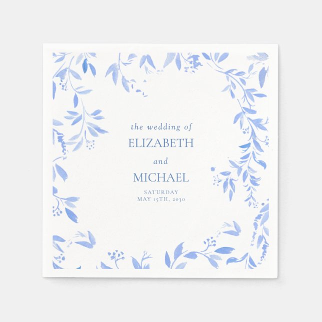 Elegant French Blue Floral Botanical Wedding Napkins (Front)