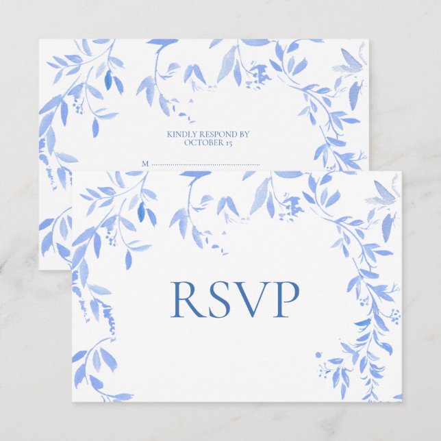 Elegant French Blue Floral Botanical Wedding RSVP Card (Front/Back)