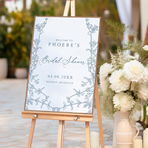 Elegant French Blue Floral Bridal Shower Welcome Poster