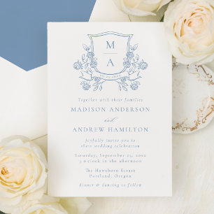 Elegant French Blue Floral Crest Monogram Wedding Invitation