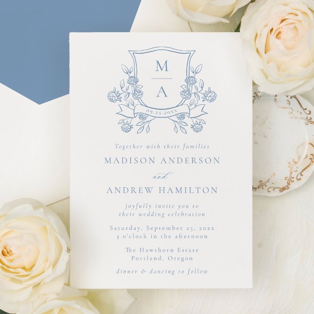 Elegant French Blue Floral Crest Monogram Wedding Invitation (Creator Uploaded)