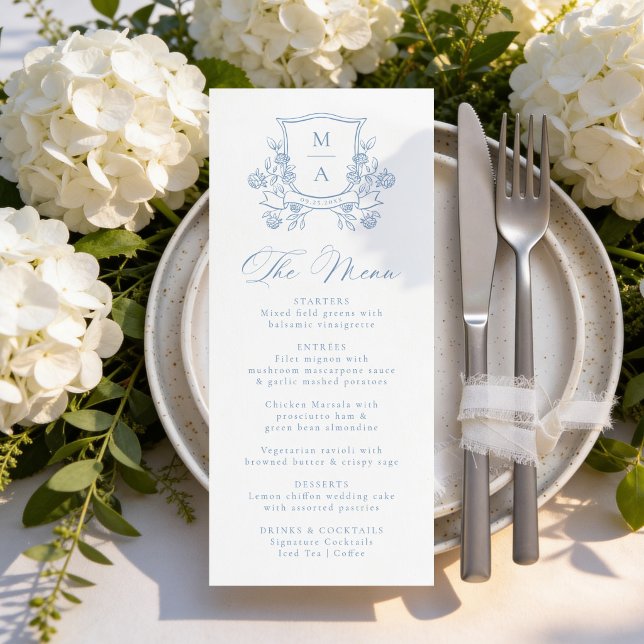 Elegant French Blue Floral Crest Monogram Wedding Menu (Creator Uploaded)