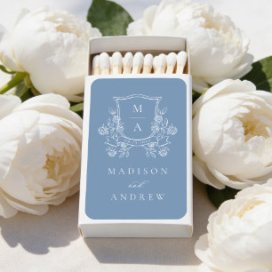 Elegant French Blue Floral Crest Wedding Matchboxes