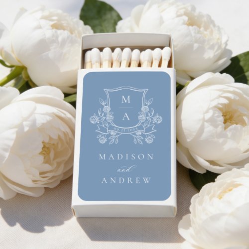 Elegant French Blue Floral Crest Wedding Matchboxes