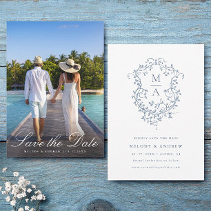 Elegant French Blue Floral Crest Wedding Photo Save The Date