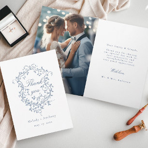 Elegant French Blue Floral Crest Wedding Photo Thank You Card