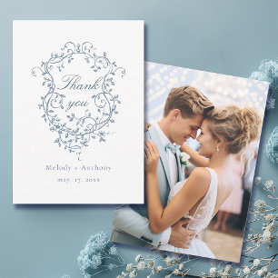 Elegant French Blue Floral Crest Wedding Photo Thank You Card