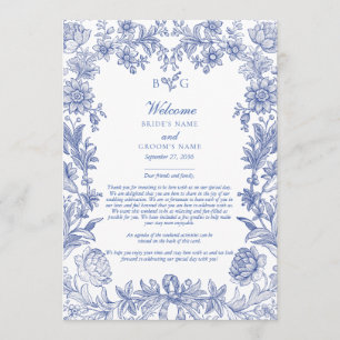 Elegant French Blue Floral Wedding Itinerary Program