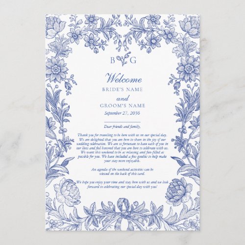Elegant French Blue Floral Wedding Itinerary Program