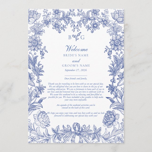 Elegant French Blue Floral Wedding Itinerary Program (Front)