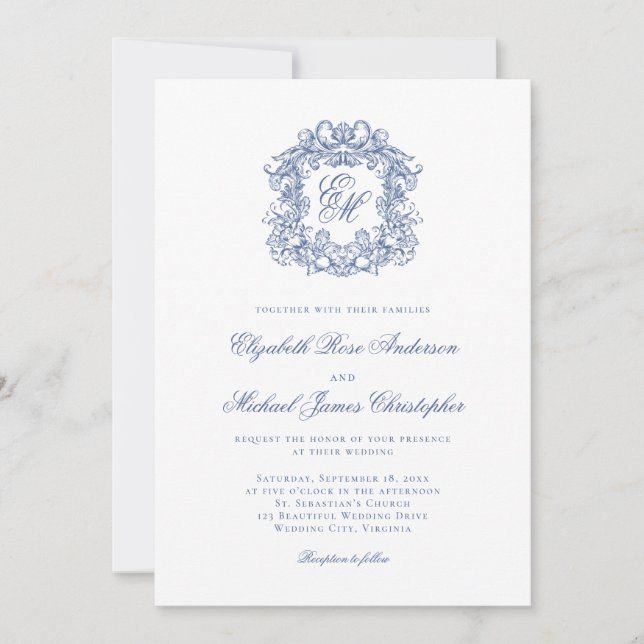 Elegant French Blue Monogram Crest Wedding Invitation (Front)