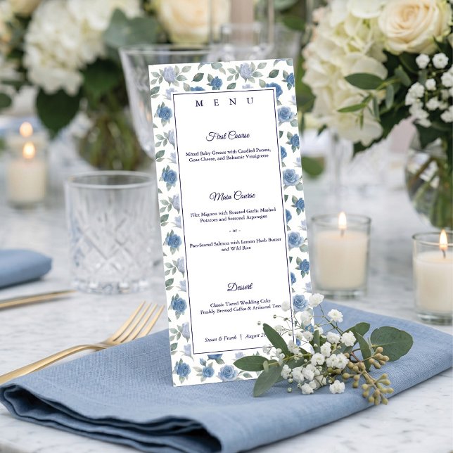 Elegant French Blue Rose Watercolor Wedding Menu (Bon appétit! 🍽️ Elegant blue floral menus for your perfect tablescape. 💙)