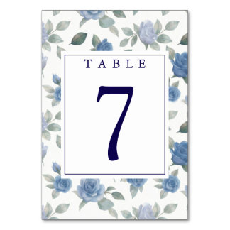Elegant French Blue Rose Watercolor Wedding Table Number