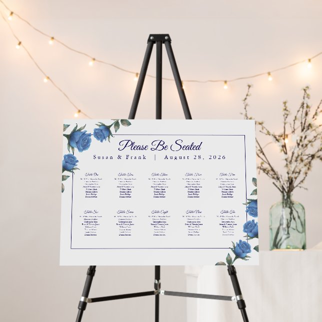 Elegant French Blue Rose Wedding Seating Chart Foam Board (In Situ (Stand))