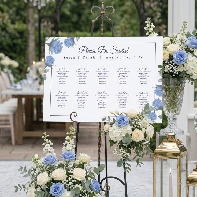 Elegant French Blue Rose Wedding Seating Chart Foam Board (Guide your guests beautifully with this blue rose seating chart! 🌿)
