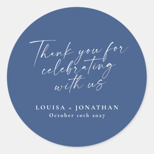 Elegant French Blue Trendy Script Custom Thank You Classic Round Sticker