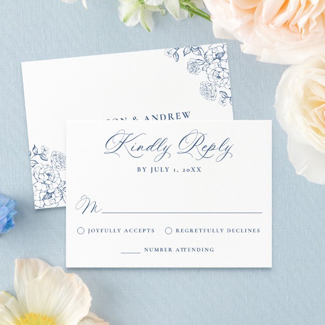 Elegant French Blue Victorian Floral Wedding RSVP Card (Creator Uploaded)
