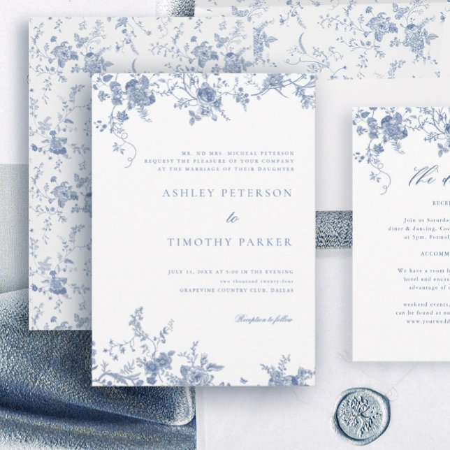 Elegant French Blue Vintage Floral Wedding Invitation (Creator Uploaded)