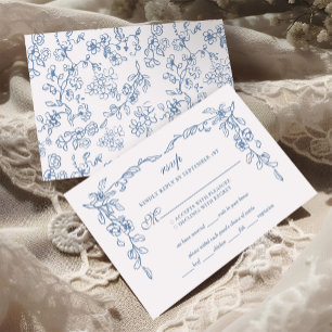 Elegant French Blue Vintage Floral Wedding RSVP Card