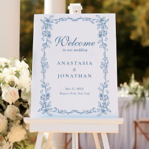 Elegant French Blue Vintage Floral Wedding Welcome Foam Board