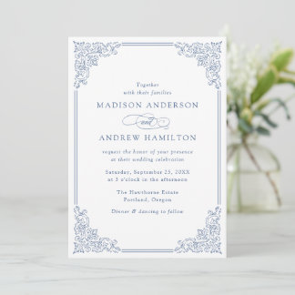 Elegant French Blue Vintage Ornate Frame Wedding Invitation