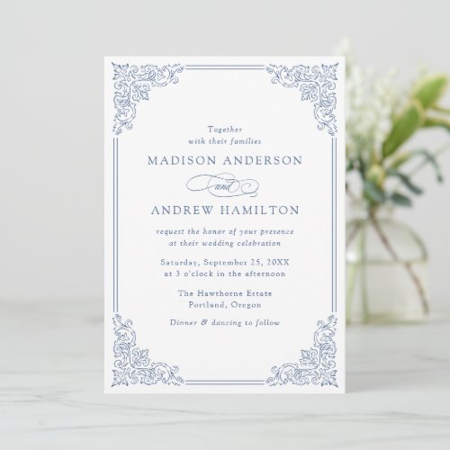 Elegant French Blue Vintage Ornate Frame Wedding Invitation