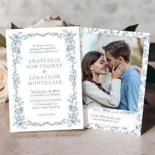 Elegant French Blue Vintage Photo Wedding Invitation
