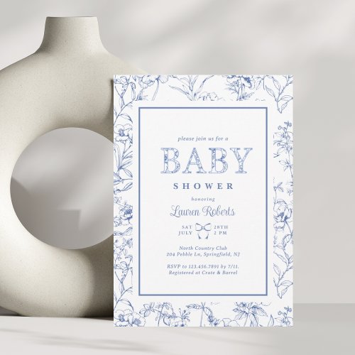 Elegant French Blue  White Floral Baby Shower Invitation