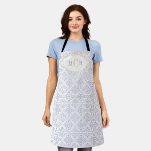 Elegant French Blue White Yellow Damask Monogram  Apron