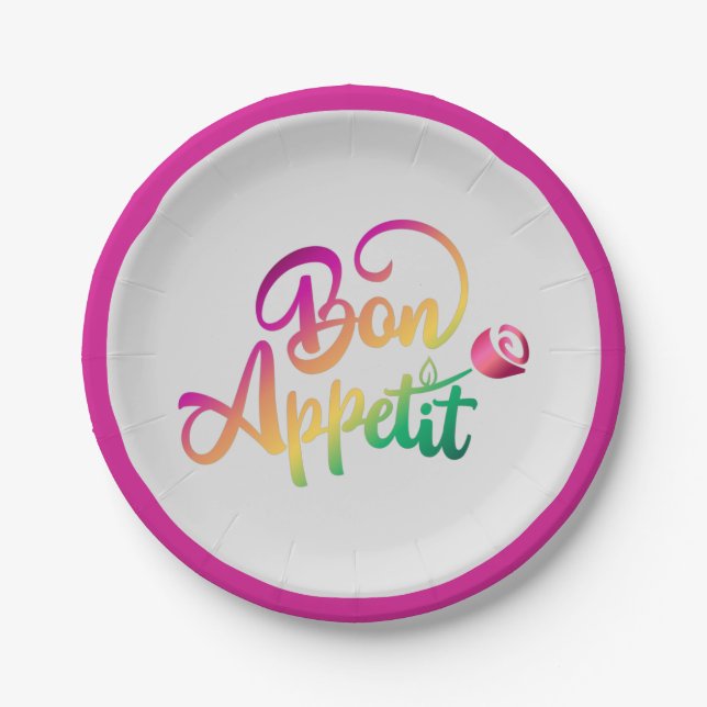 Elegant French Bon Appetite Quote Purple Gray Paper Plates (Front)