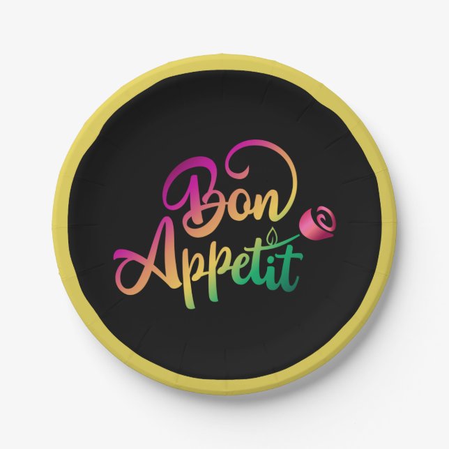 Elegant French Bon Appetite Quote Yellow Black Pap Paper Plates (Front)