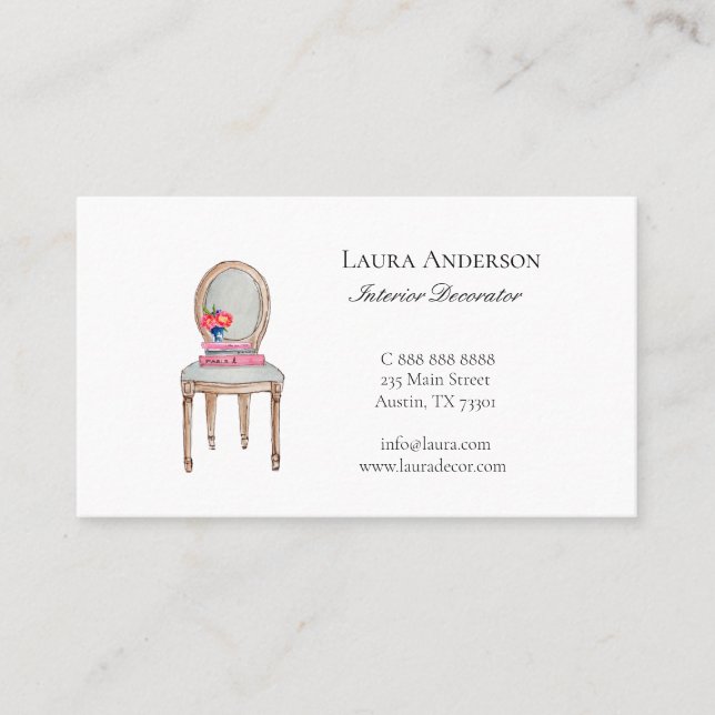 Elegant French chair Interior Decorator  Business Card (Front)