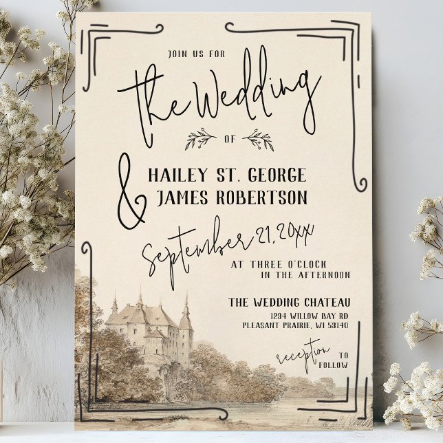 Elegant French Chateau Hand Drawn Beige Wedding Invitation (Elegant hand drawn quirky whimsical French chateau fantasy black and ivory cream wedding invitation)